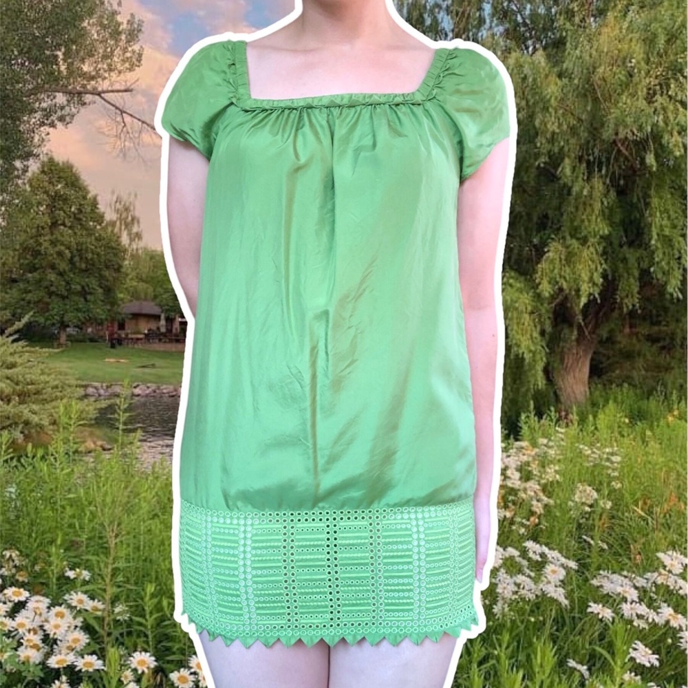 BCBGMAXAZRIA Meadow Green Silk Cap Sleeve Tinker Bell Sheath Dress, Size XXS